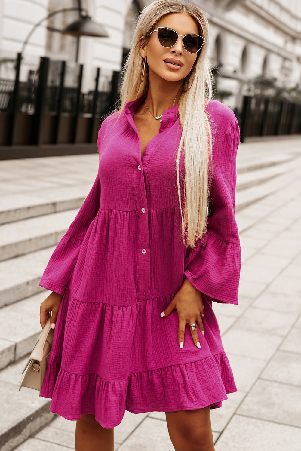 Pink Long Sleeve Casual Mini Dress  Crinkled Tiered Split Neck Shirt Dresses