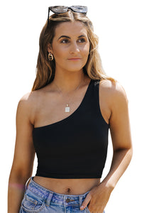 Black One Shoulder Sleeveless Crop Top Sexy Shirt