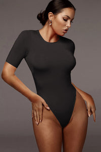 Women's Fashion Bodysuit Black Short Sleeve High Cut Tight Shirts and Tops