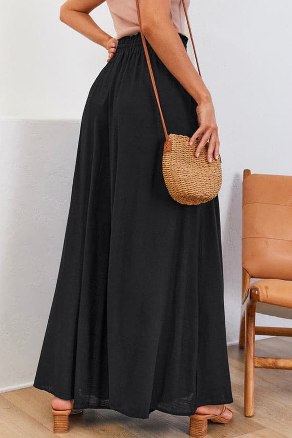 Black Drawstring Smocked High Waist Wide Leg Pants