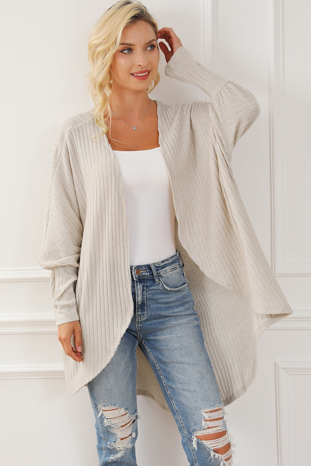 Parchment Bat Sleeve Wide Ribbed Knit Cardigan