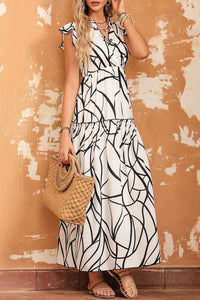 Womens Fashion Casual Long Dresses White Abstract Vein Print V Neck Ruffle Maxi Dress