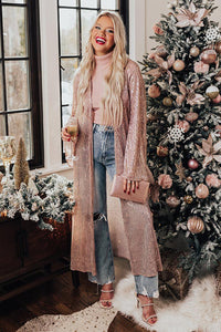 Rose Tan Open Front Long Sequin Kimono Sequin Cardigan