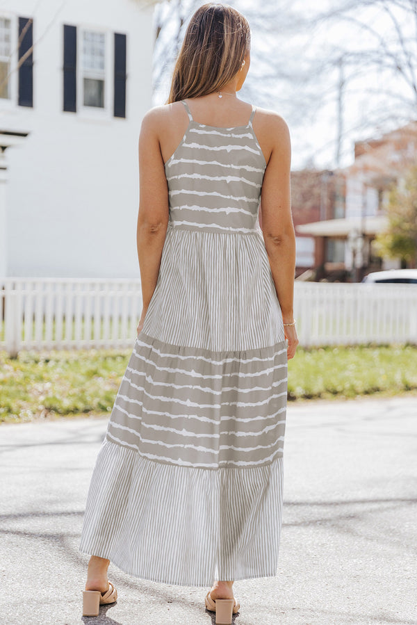 Gray Striped Spaghetti Strap Long Dress