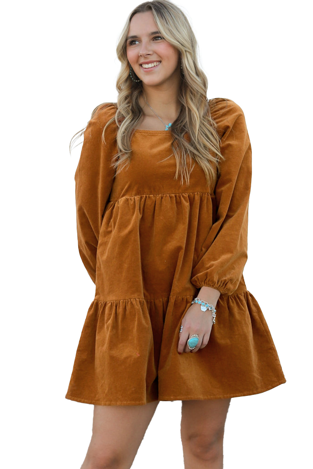 Boho Long Sleeve Dress with pockets  Chestnut Square Neck Puff Sleeve Tiered Corduroy Mini