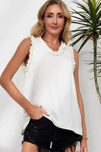 New Fashion sleeveless Shirt Beige flower Frilled Trim V Neck Tank Top