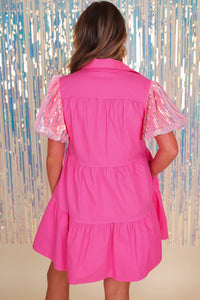 Pink Womens Dress Bonbon Sequined Bubble Sleeve Tiered Ruffled Shirt Dress