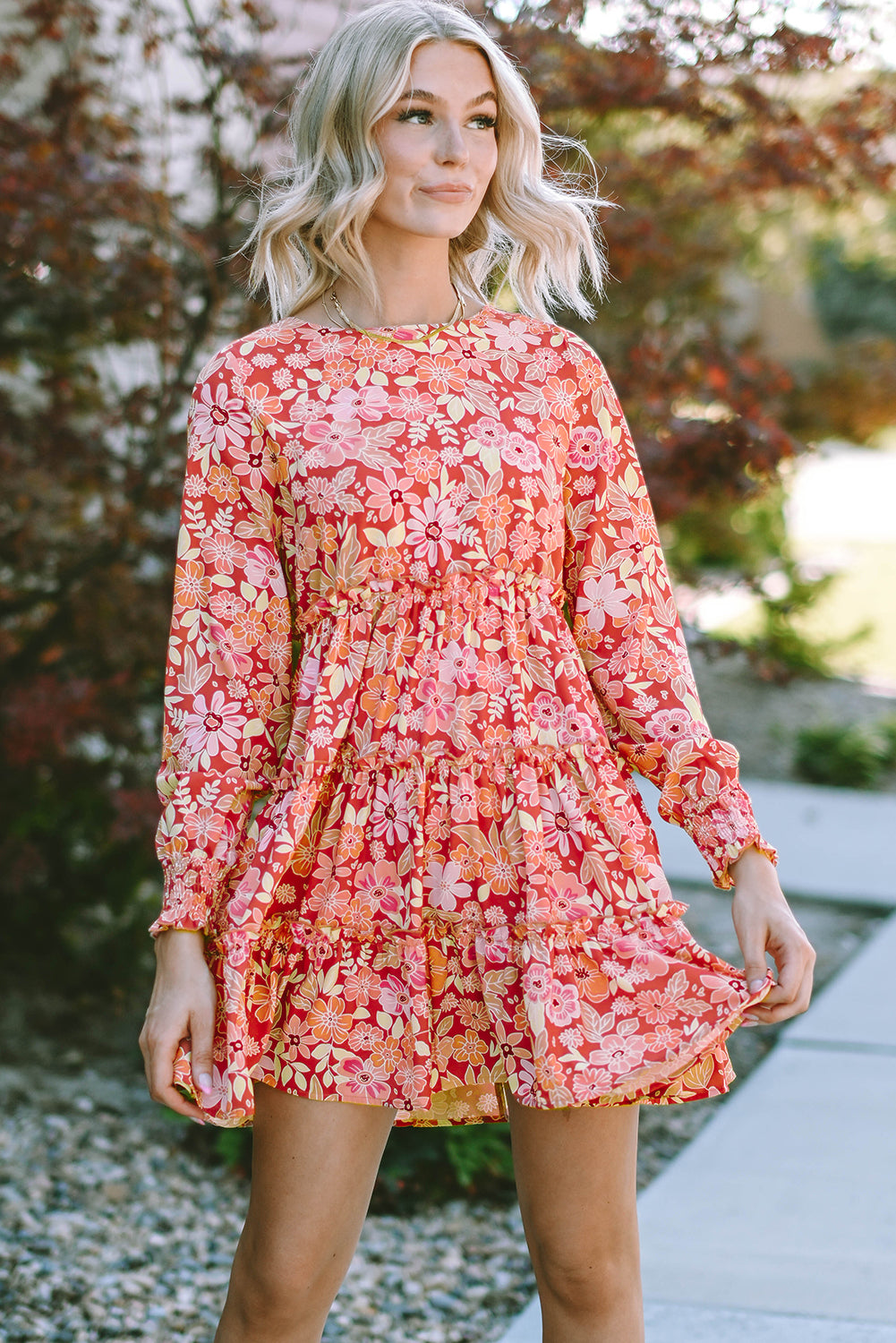 Printed Floral Long Sleeve Frill Tiered Mini Short Dress