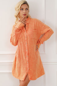 Orange Crinkled Dual Chest Pocket Oversized Shirt Dress Womens Fashion