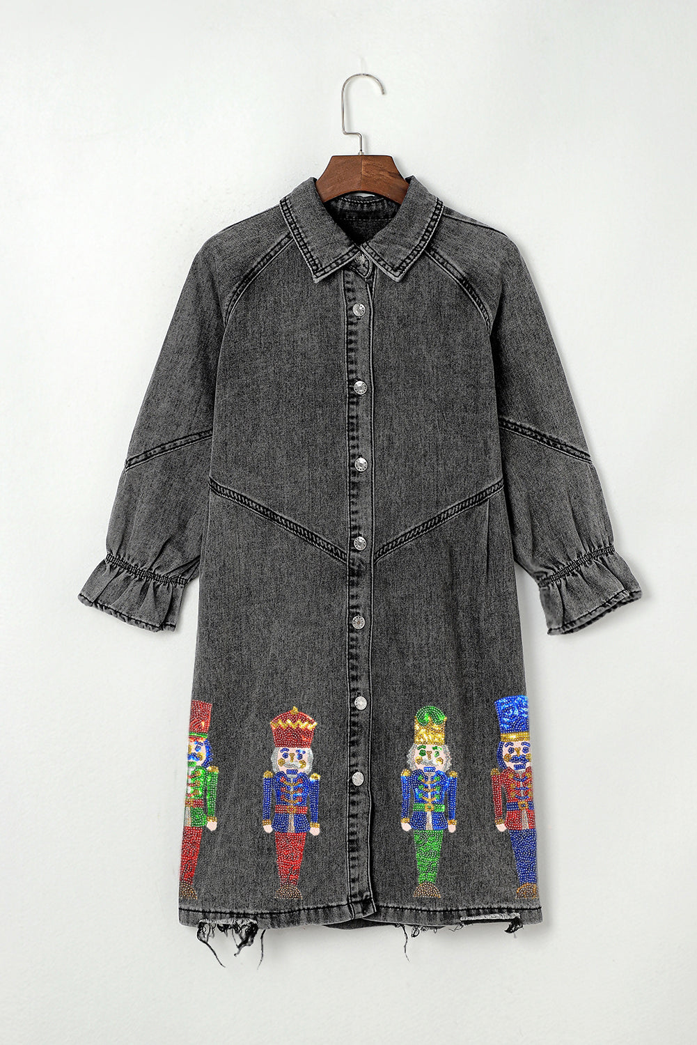 Gray Sequin Nutcracker Graphic Long Sleeve Shirt Denim Holiday Christmas Dress