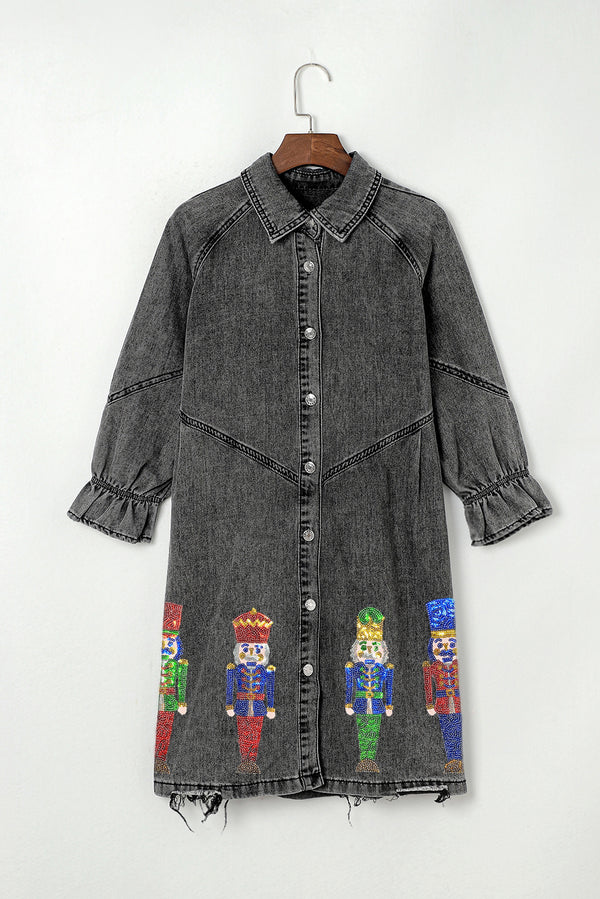 Gray Sequin Nutcracker Graphic Long Sleeve Shirt Denim Holiday Christmas Dress