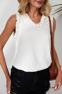 New Fashion sleeveless Shirt Beige flower Frilled Trim V Neck Tank Top