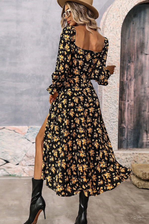 Black Floral Tie Square Neck Puff Sleeve High Slit Dress