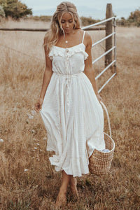 White Swiss Dot Spaghetti Straps Ruffled Maxi Dress