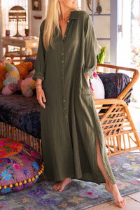 Women’s Fashion Dress Green Crinkle Button Up Casual Split Shirt Maxi Dress