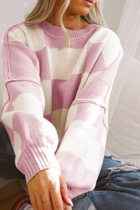 Pink Checkered Bishop Sleeve Sweater Women’s Fashion Top