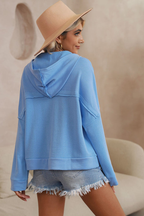 Sky Blue Fashion Sweater Casual Button Solid Patchwork Trim Sweatshirt Hoodie