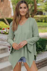 Green Ribbed Expose Seam Bell Sleeve Top