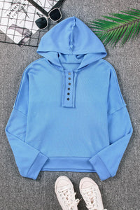 Sky Blue Fashion Sweater Casual Button Solid Patchwork Trim Sweatshirt Hoodie