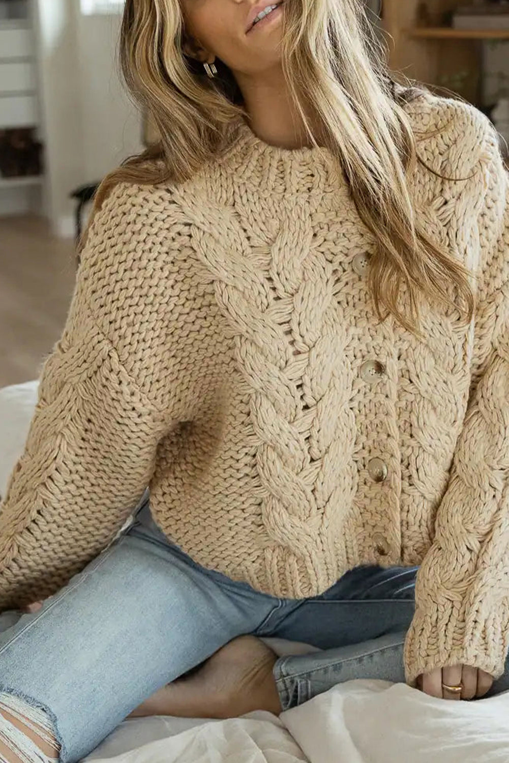 Fashion Open Sweater Apricot Cable Knit Buttoned Cardigan