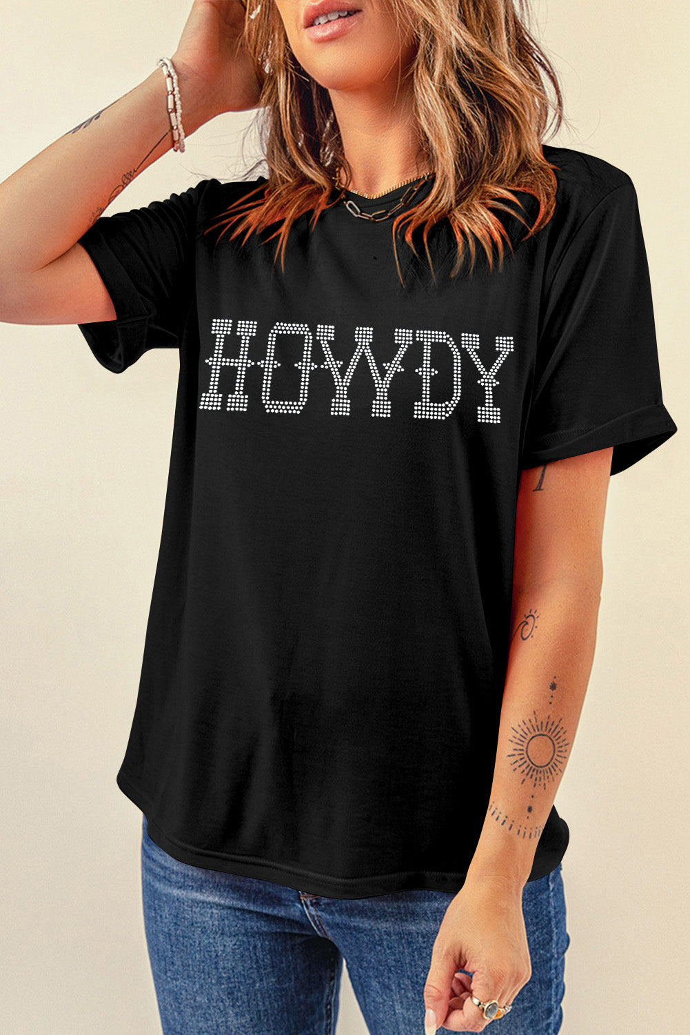 Black HOWDY Rhinestone Slim Fit Crew Neck T Shirt Ladies Casual Black Blouse