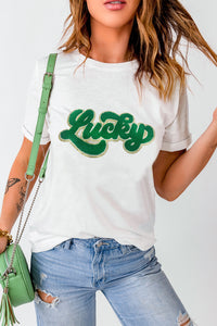 White St. Patrick Day Shirt Lucky Chenille Glitter Patched Graphic T Shirt