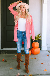 Pink Open Front Pocketed Knit Cardigan