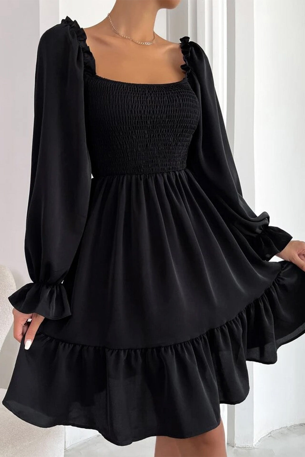 Black Smocked Puff Sleeve Ruffle Mini Dress