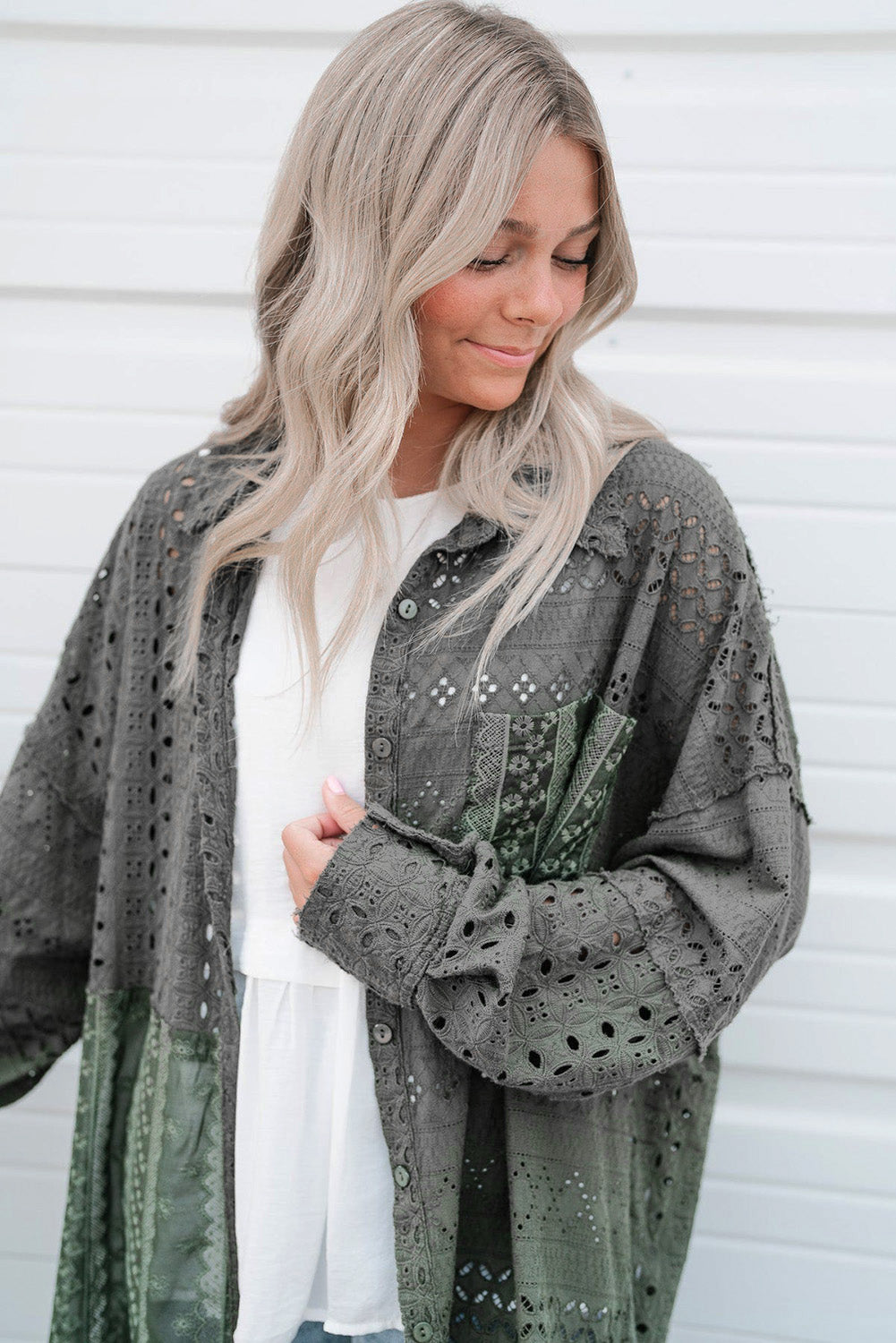 Women's Oversized Button Up Long Shirt Duffel Green Eyelet Pattern Patchwork  Shacket