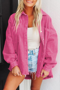 Ribbed Denim Jacket Bright Pink Corded Dual Chest Pocket Raw Hem Shacket