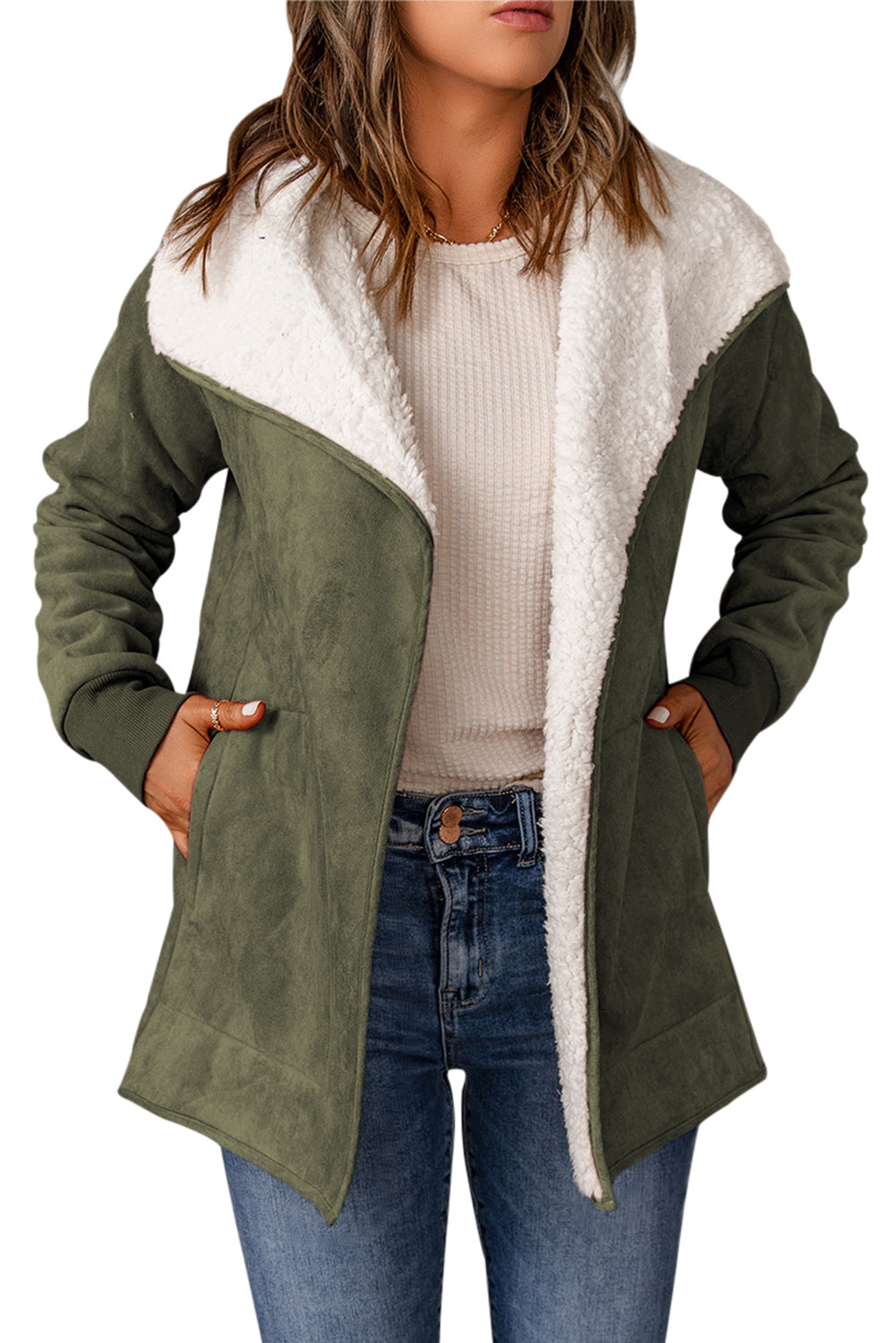 Women's Winter Coats Green Faux Suede Fleece Lined Open Front Jacket