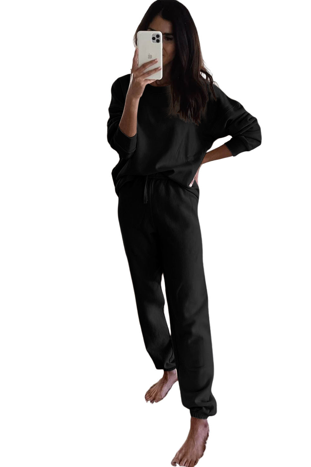 Black Long Sleeve Top and Drawstring Pants Lounge Outfit Set, 2 Piece Set Top and Bottoms, Womens Fashion