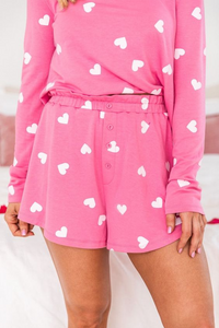 Pink Valentine Heart Print Long Sleeve Tee and Shorts Lounge Set Pajamas