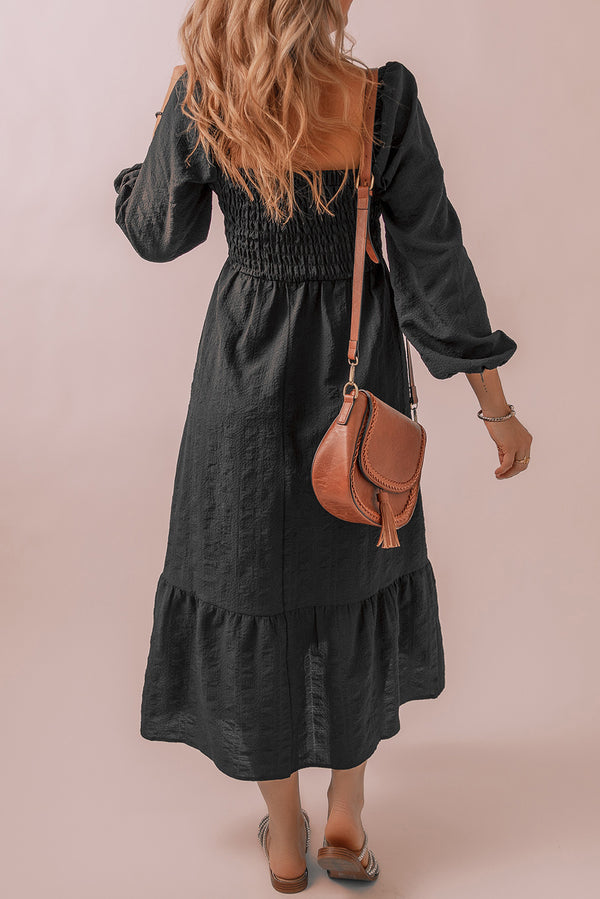 Black Smocked Fit Flare Square Neck Midi Dress