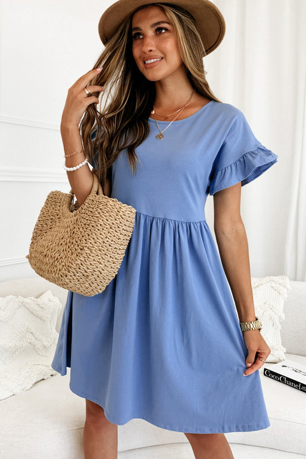 Sky Blue Round Neck Ruffle Sleeve Loose Dress