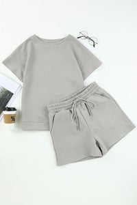 Womens Fashion Outfit Set Gray 2pcs Solid Textured Drawstring Shorts Set Loungewear Shorts