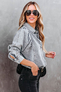 Gray Puff Sleeve Button-Up Denim Long Sleeve Shirt