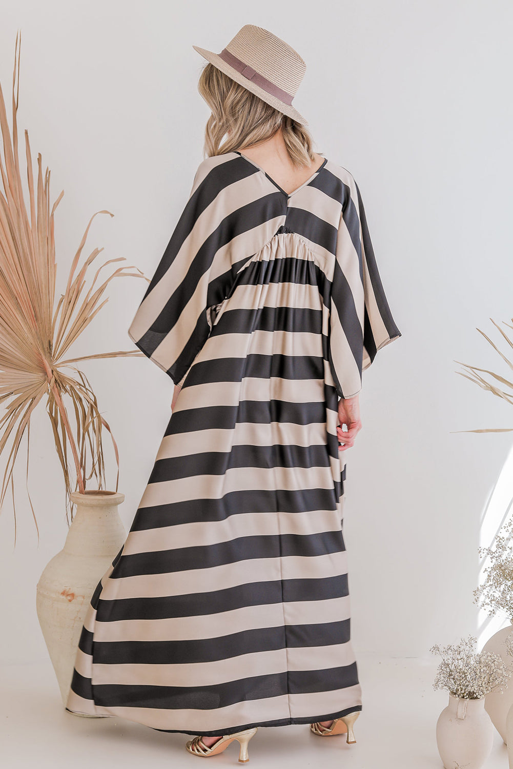 Black V Neck Kimono Sleeve Black and White Striped Maxi Long Dress