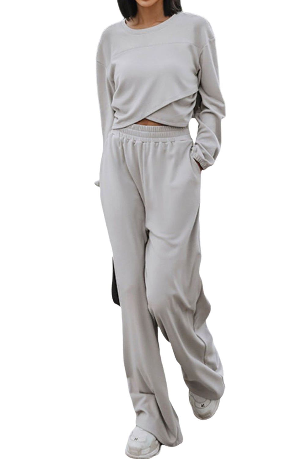 Light Grey Solid Criss Cross Crop Top and Pants Active Set Loungewear