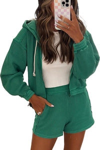 Matching outfit set Green Waffle Knit Hooded Jacket and Shorts Outfit Fashion Set Comfy Loungewear Casual