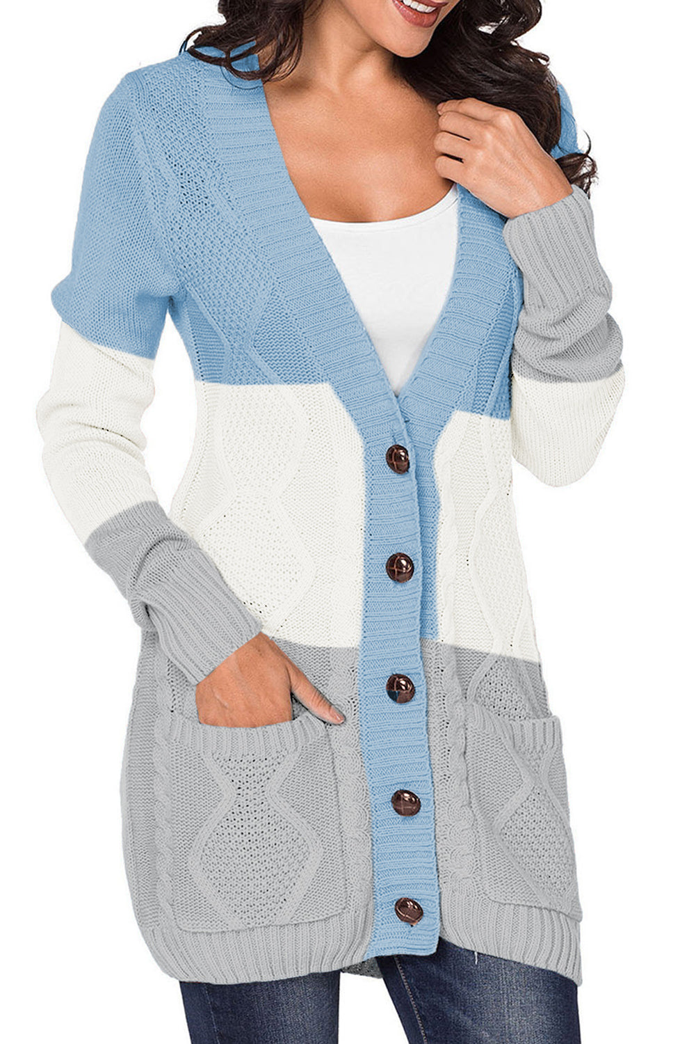 Open Sweater Blue Front Pocket and Buttons Closure Cardigan