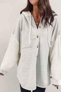 Women’s Long Sleeve Shirt Gray Button Up Contrast Knitted Sleeves Hooded Jacket