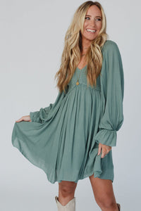 Mist Green Smocked Ruffled Bubble Sleeve Flowy Short Dress with pockets