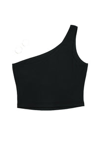 Black One Shoulder Sleeveless Crop Top Sexy Shirt