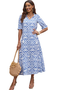 Casual Geometric Print Maxi Dress Sky Blue V Neck Boho Summer Vacation Dresses Loose Fit