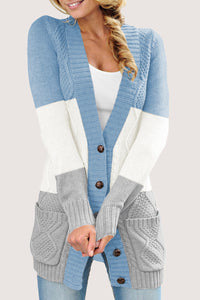 Open Sweater Blue Front Pocket and Buttons Closure Cardigan