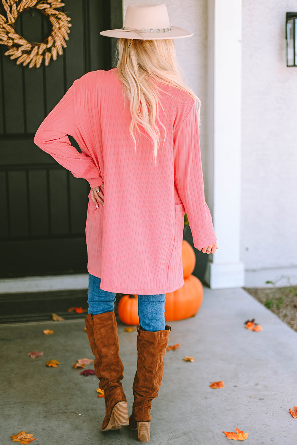 Pink Open Front Pocketed Knit Cardigan