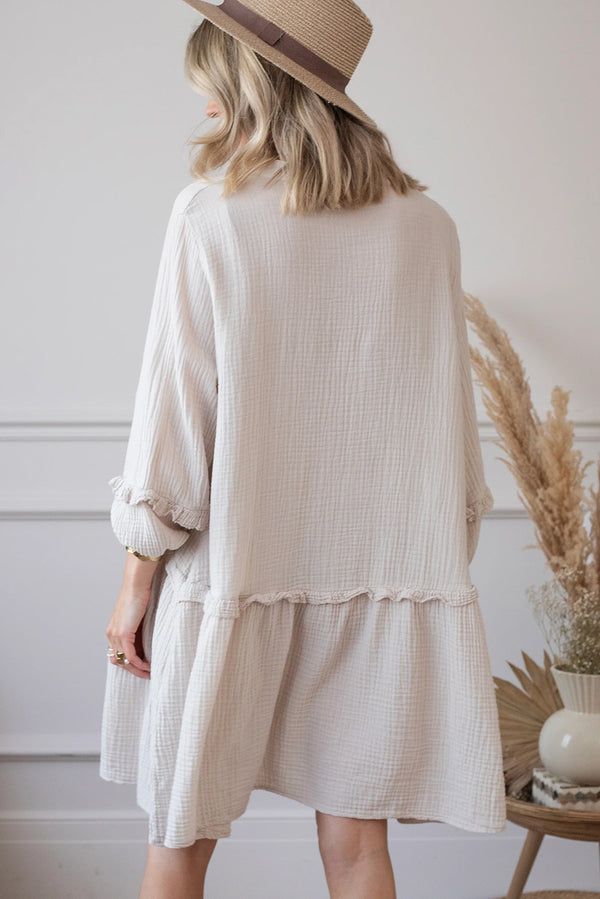 Apricot Frill Trim Half Buttoned Textured Casual Long Sleeve Dress