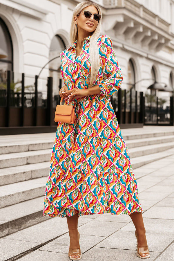 Multicolor Abstract Geometric Print Long Sleeve High Waist Midi Long Dress