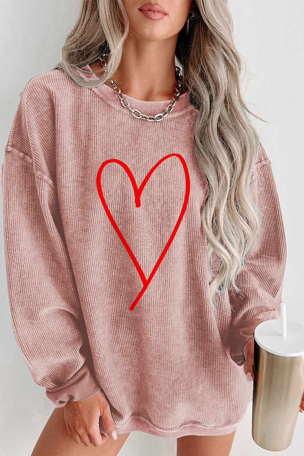 Casual Sweatshirt Heart Print Round Neck Dropped Shoulder  Womens Sweaters Long Sleeve Shirts and Tops